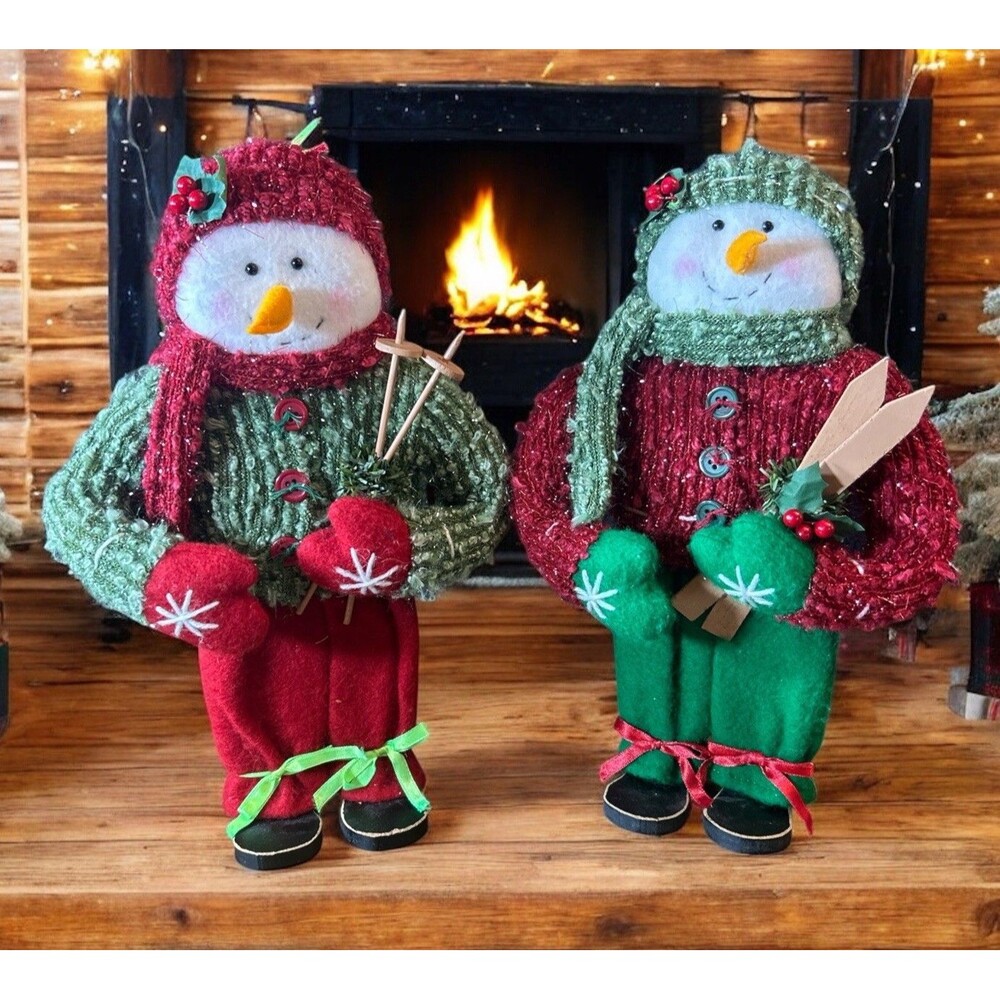 Snowmen Pair Of Skiers Holding Ski & Poles Knit Hats Christmas Winter Holiday